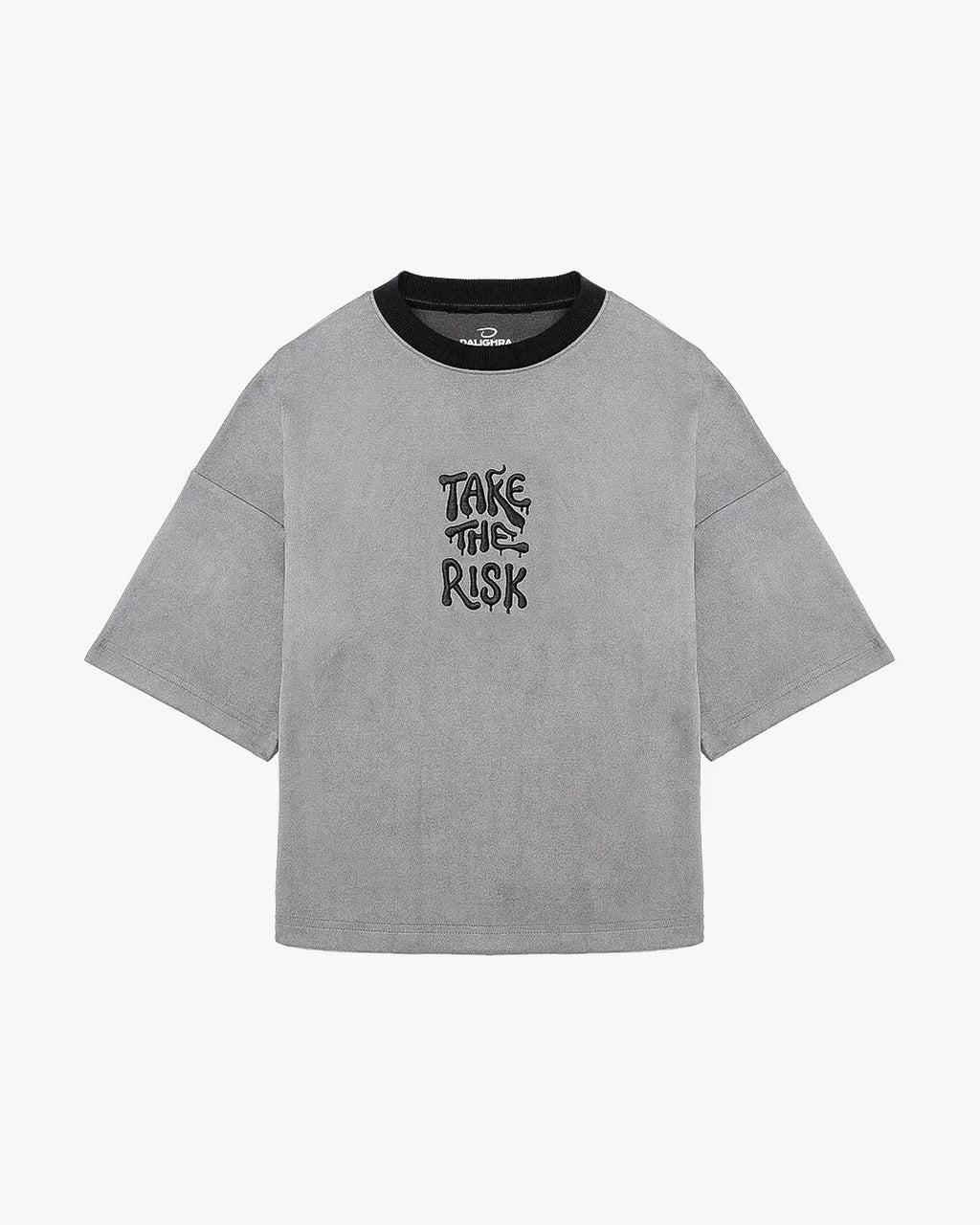 Front flat lay view of Take The Risk Grey vegan fur cropped oversized t-shirt