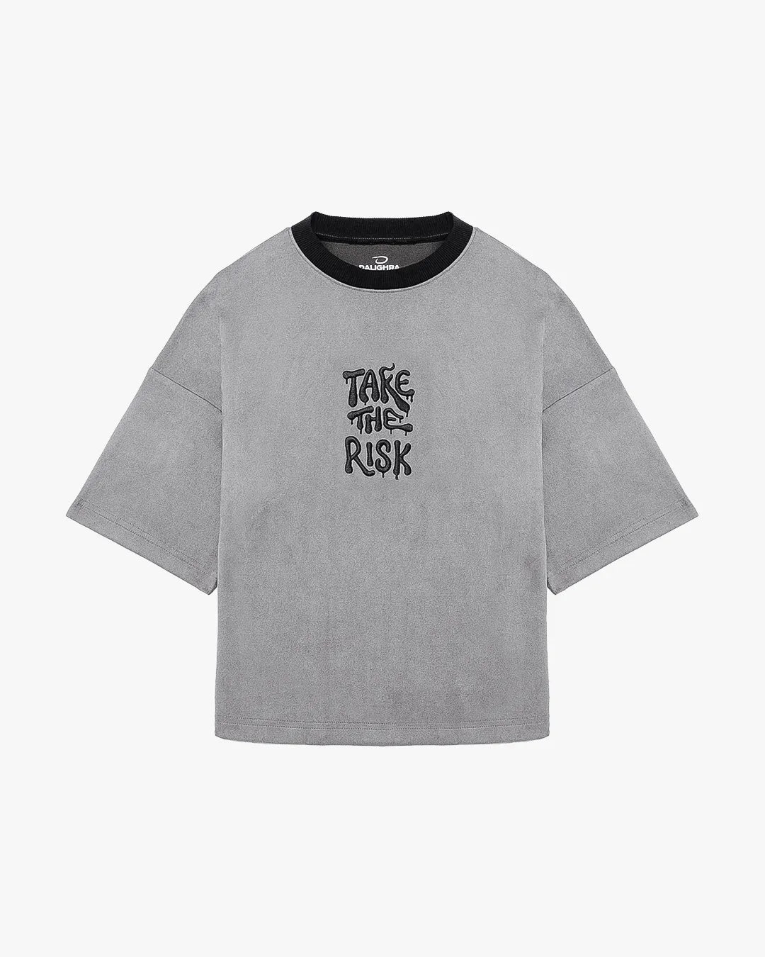 Front flat lay view of Take The Risk Grey vegan fur cropped oversized t-shirt