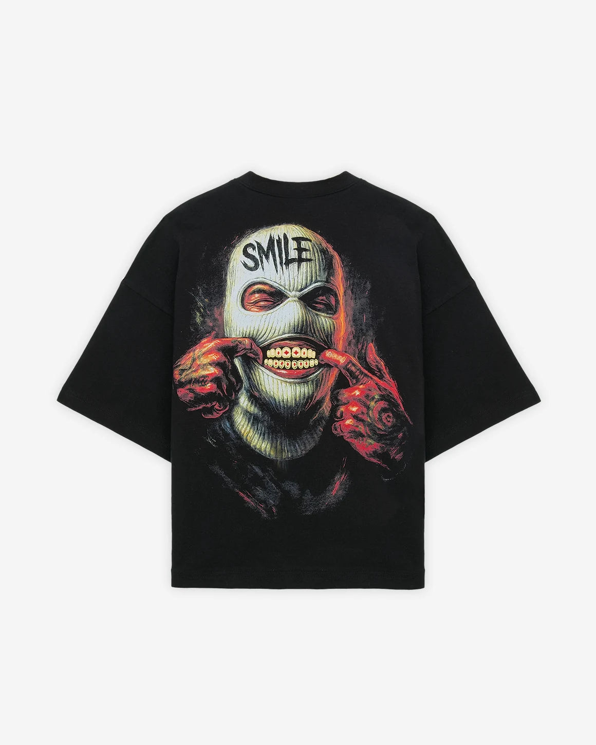 Flat lay back view of a Black cropped oversized graphic tee showcasing teeth embroidery and a halftone DTF back print against a clean white background.