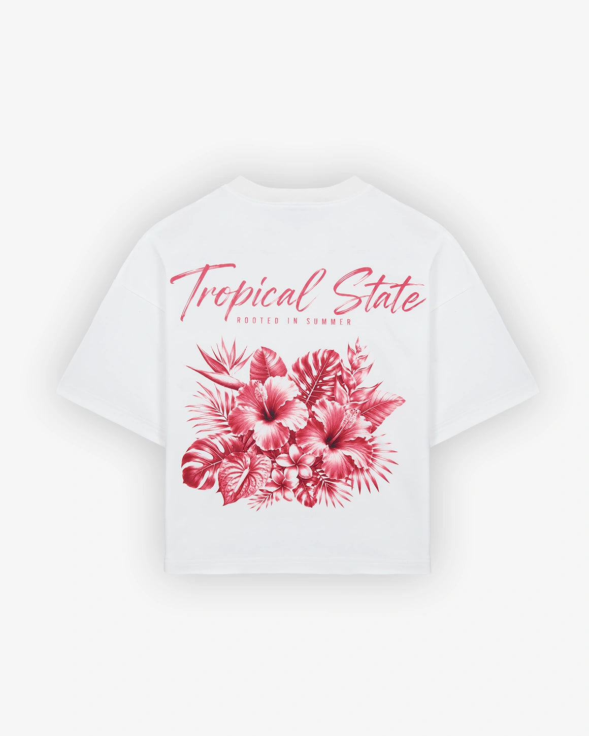 TROPICAL STATE™ White cropped oversized T-shirt shown in a flatlay back view with vintage-red tropical graphic