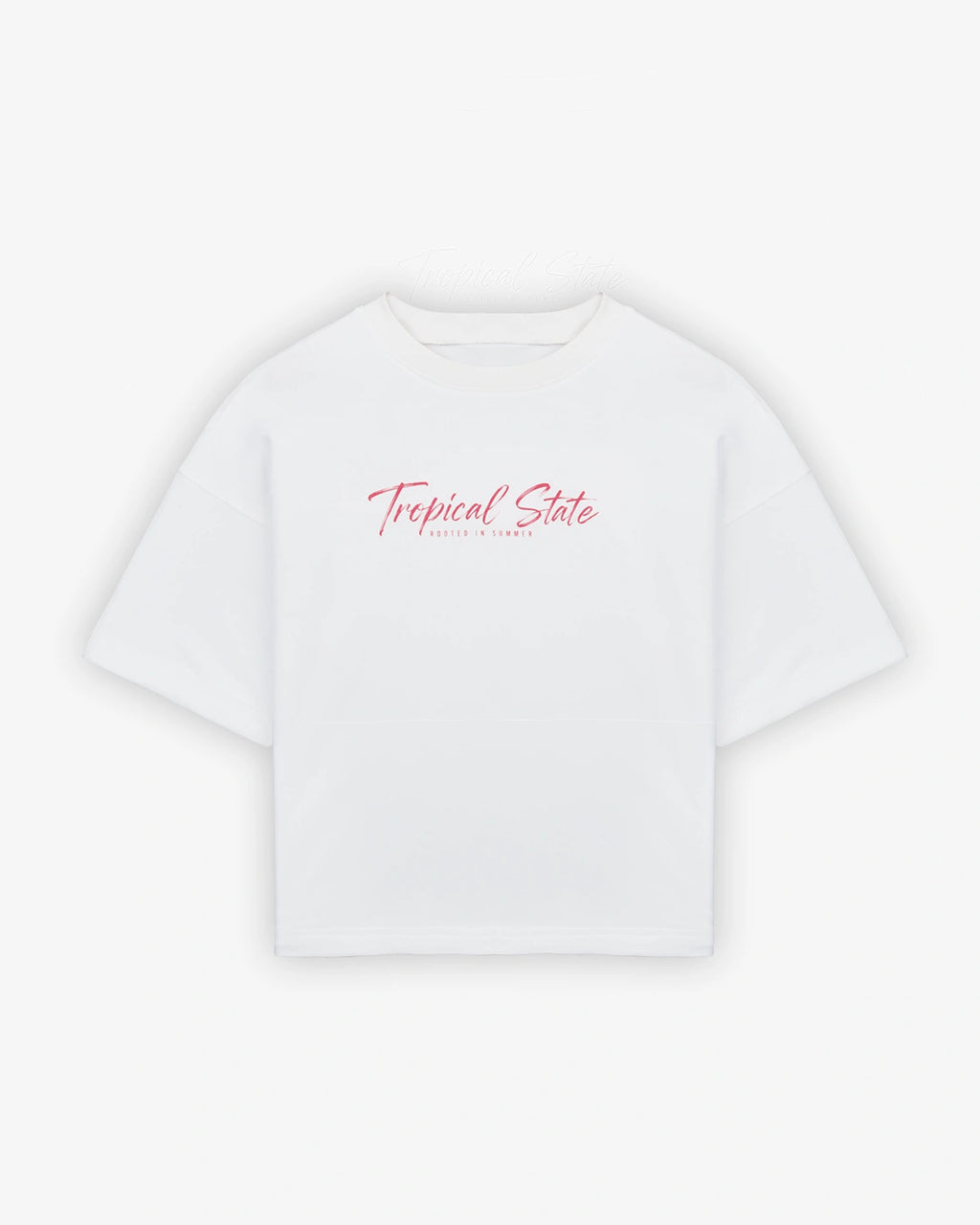 TROPICAL STATE™ White cropped oversized T-shirt shown in a flatlay front view with boxy fit and dropped shoulders