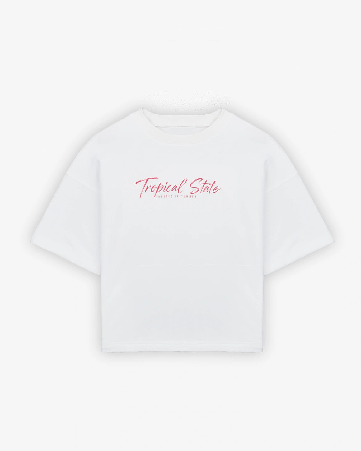 TROPICAL STATE™ White cropped oversized T-shirt shown in a flatlay front view with boxy fit and dropped shoulders